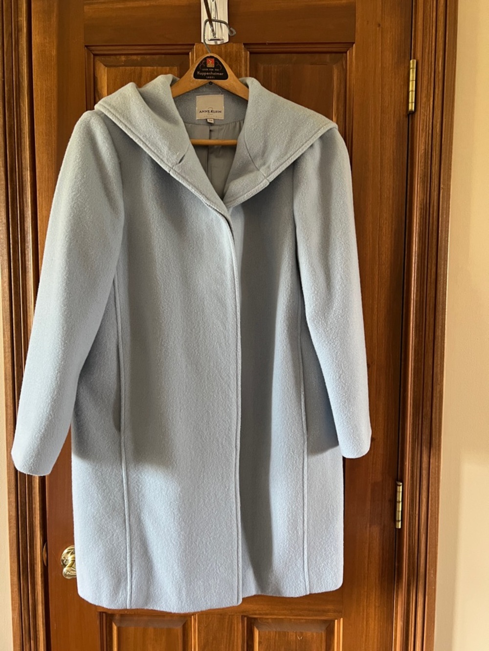 Anne Klein Pale Blue Hooded Wool-Blend Trench Coat